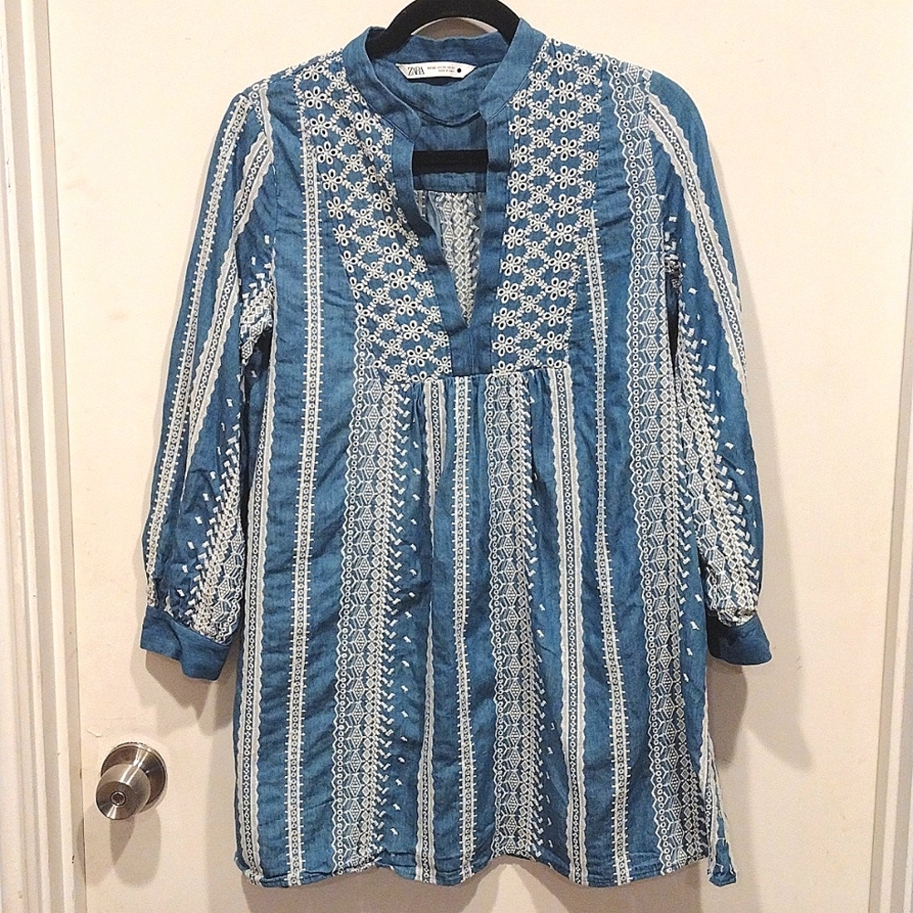 Zara Blue and White Embroidered Striped Mini Tunic Dress
